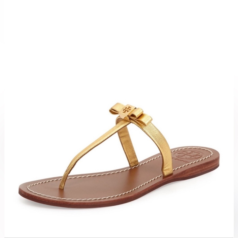 Tory Burch Leighanne Bow Thong Sandal, Metallic Gold Size 6